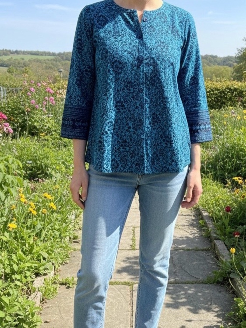 Soft Surroundings Teal Blue Floral Henley Tunic